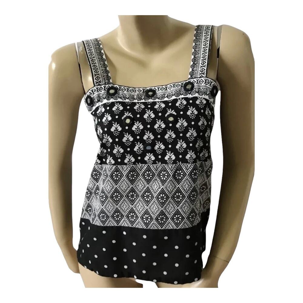 Vintage Ramona Rull Womens Small Boho Cotton Tank Top Square Neck Black White